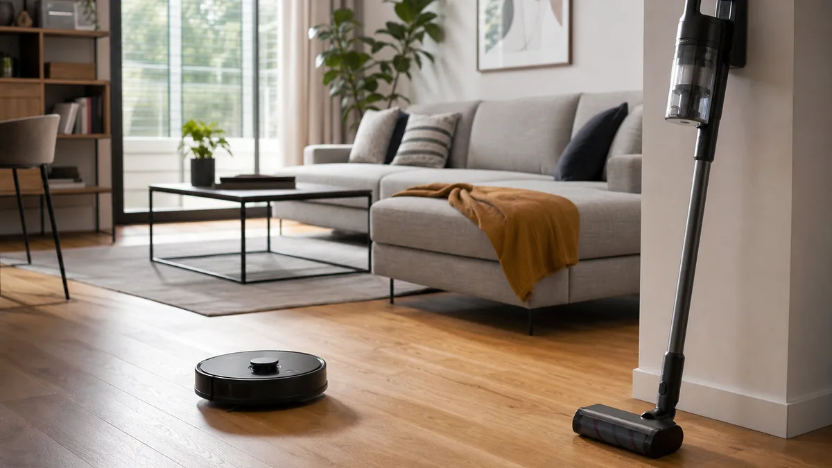 Robot aspirador y aspiradora sin cable en un salón moderno