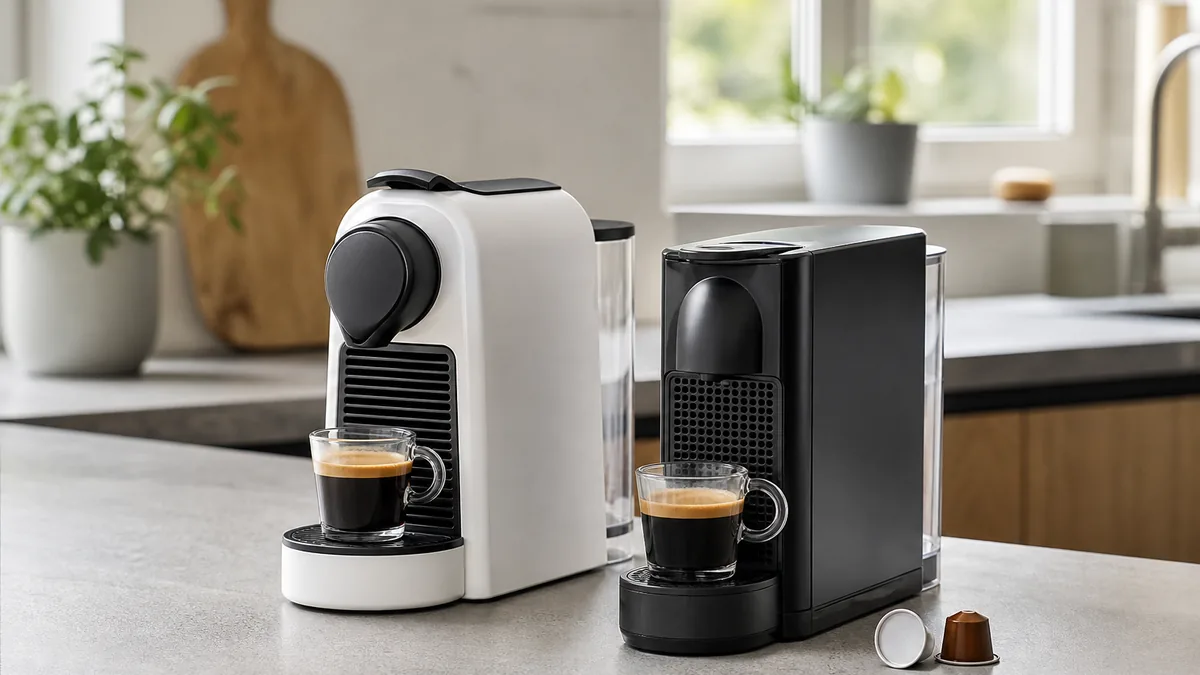 Dos cafeteras de cápsulas compactas comparadas en una cocina