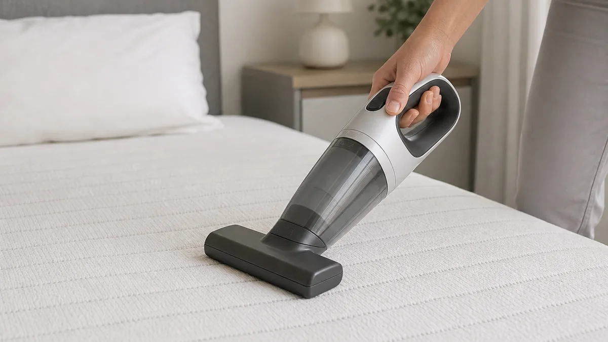 Aspirador de colchón genérico utilizado sobre una cama