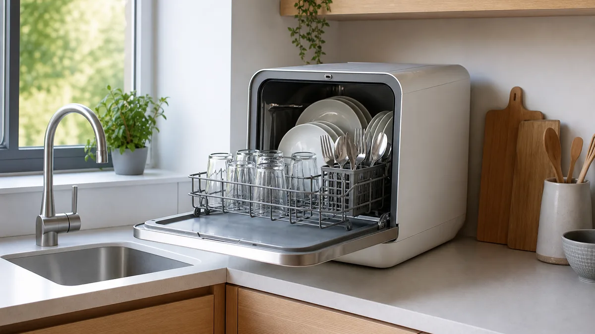 Mini lavavajillas de sobremesa genérico en una cocina pequeña