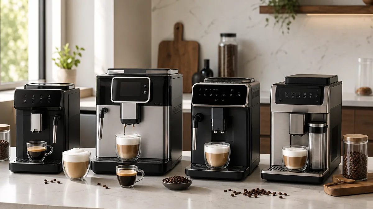 Comparativa de cafeteras automáticas en una cocina elegante